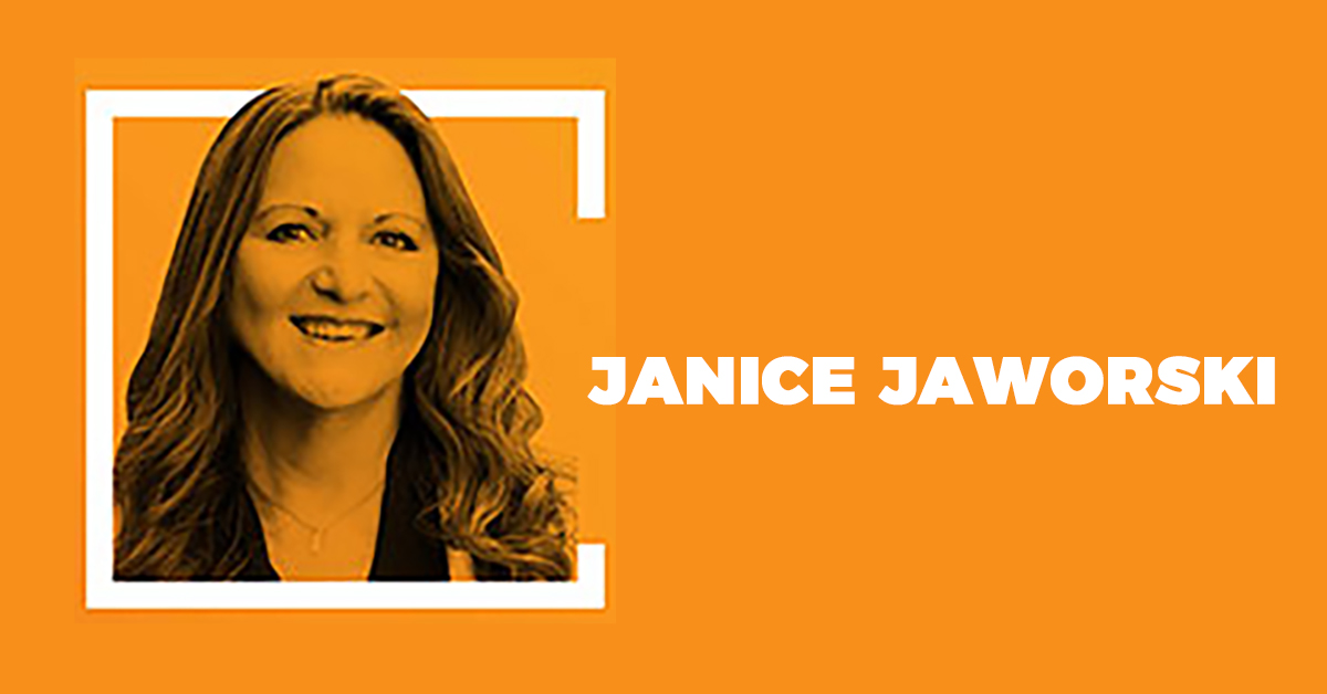 A woman's headshot on an orange background, with a white border framing the photo.