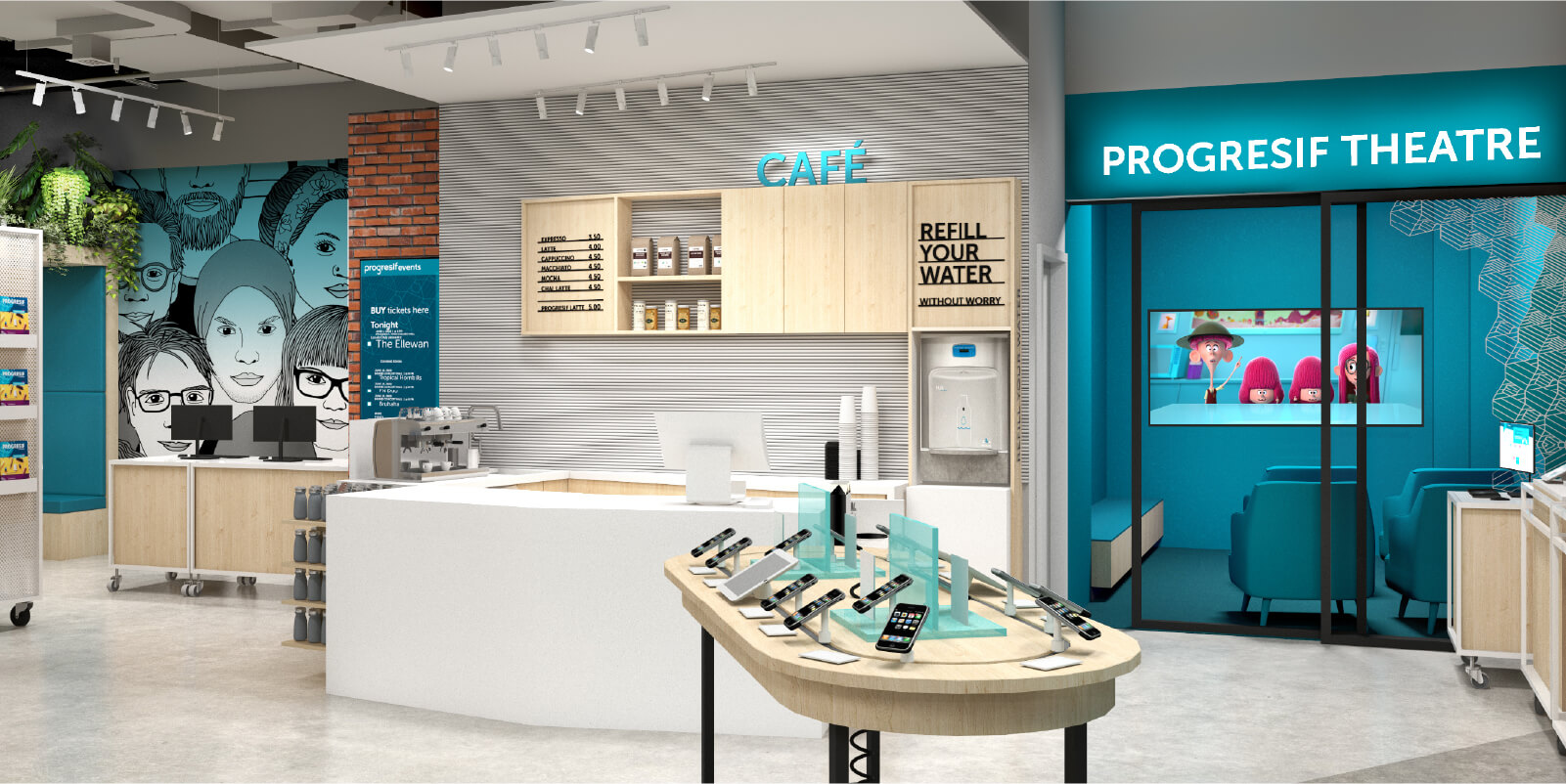 A modern store interior with a cafe, display cases, and merchandise.