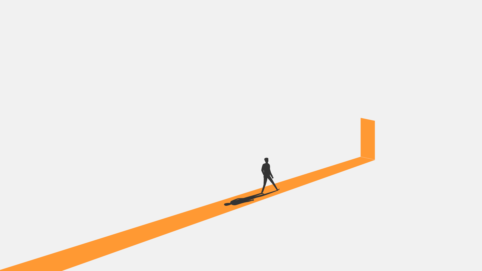 A person walking on a narrow bridge against a white background