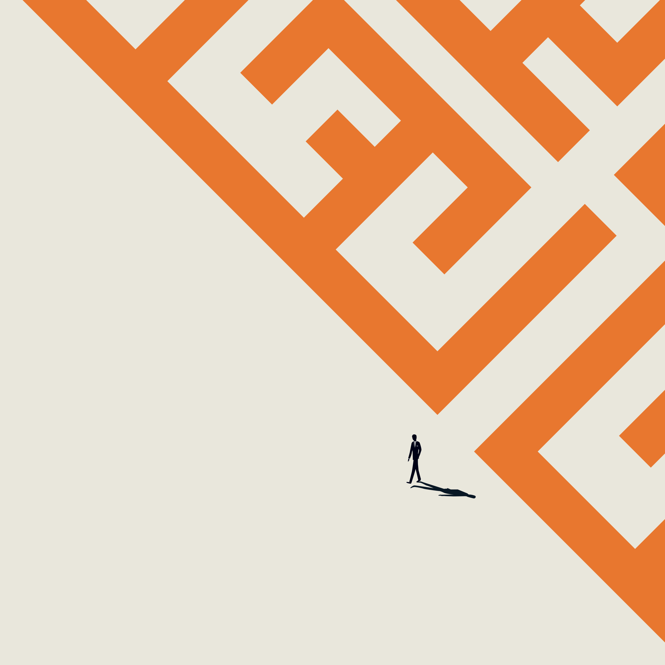 An orange maze graphic with a person walking through it.