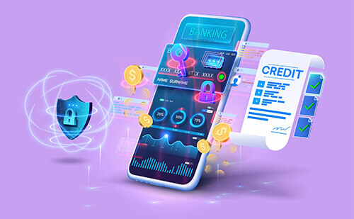 An illustration of a smartphone displaying a mobile banking app interface, surrounded by various digital elements such as credit card icons,…