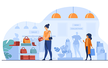 Illustration of a bustling store scene with customers shopping, display shelves with items, and a sign that says "SALE".