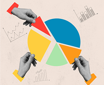 An illustration that features two hands holding a pie chart, which has five colored segments representing different percentages: red, yellow,…