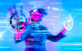 An image of a person standing in front of a futuristic background, holding a device that appears to be a holographic projector. The individual is…