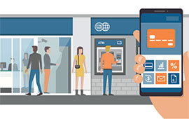 A person holding a smartphone displaying a mobile banking app interface, with people in the background at an ATM.