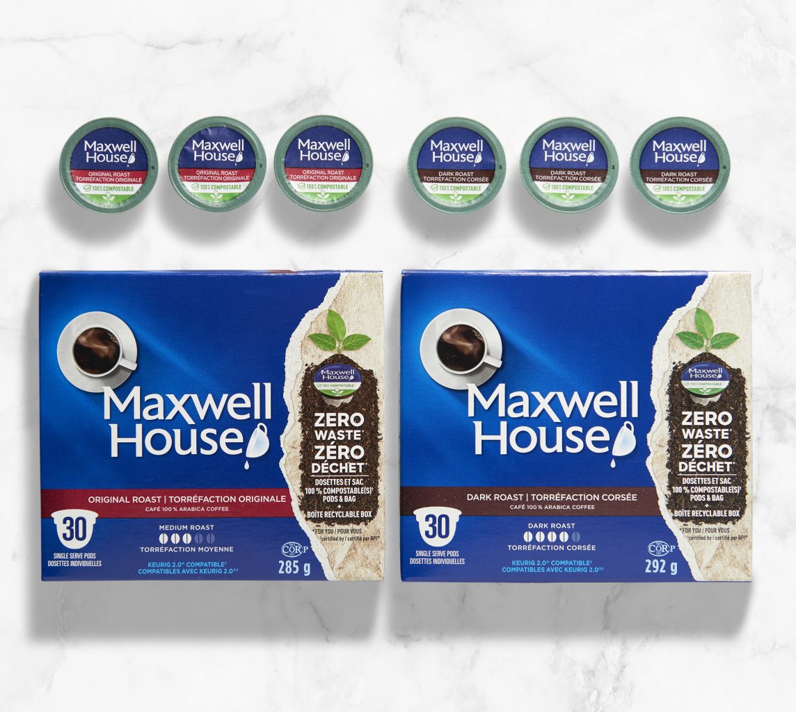 The image displays a collection of six Maxwell House coffee products, including two boxes of coffee filters and four cans of coffee, arranged on a…