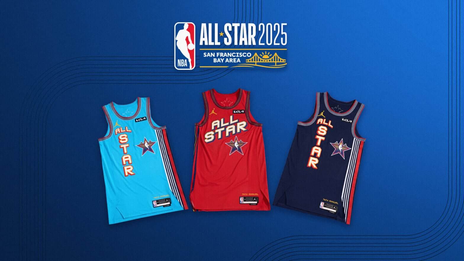Three basketball jerseys displayed on a blue background, each with different team logos and colors.
