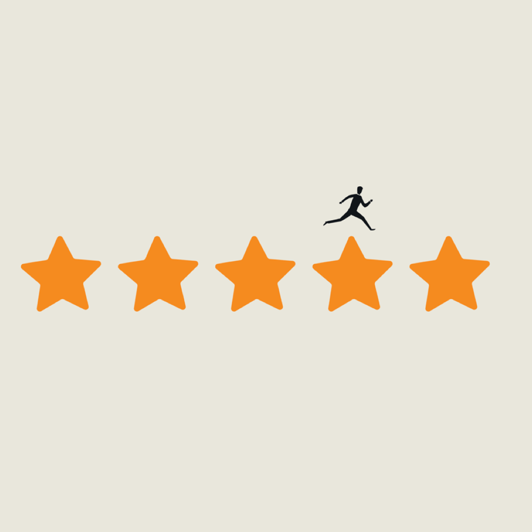 Five orange stars, each representing customer satisfaction, and a silhouette of a person running between them