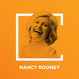 The image features a woman smiling, wearing a white top, inside an orange square graphic.