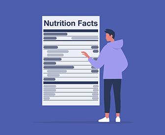 A person standing next to a sign that reads "Nutrition facts". The sign has a list of ingredients on it.
