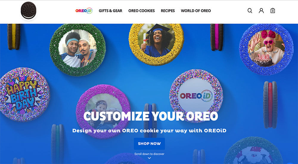 A colorful advertisement for customizing Oreo cookies, featuring a blue background with various decorated Oreos displayed in the center.