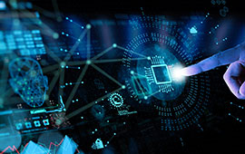 A hand pointing at a digital interface on a computer screen, surrounded by various technological symbols and graphs.
