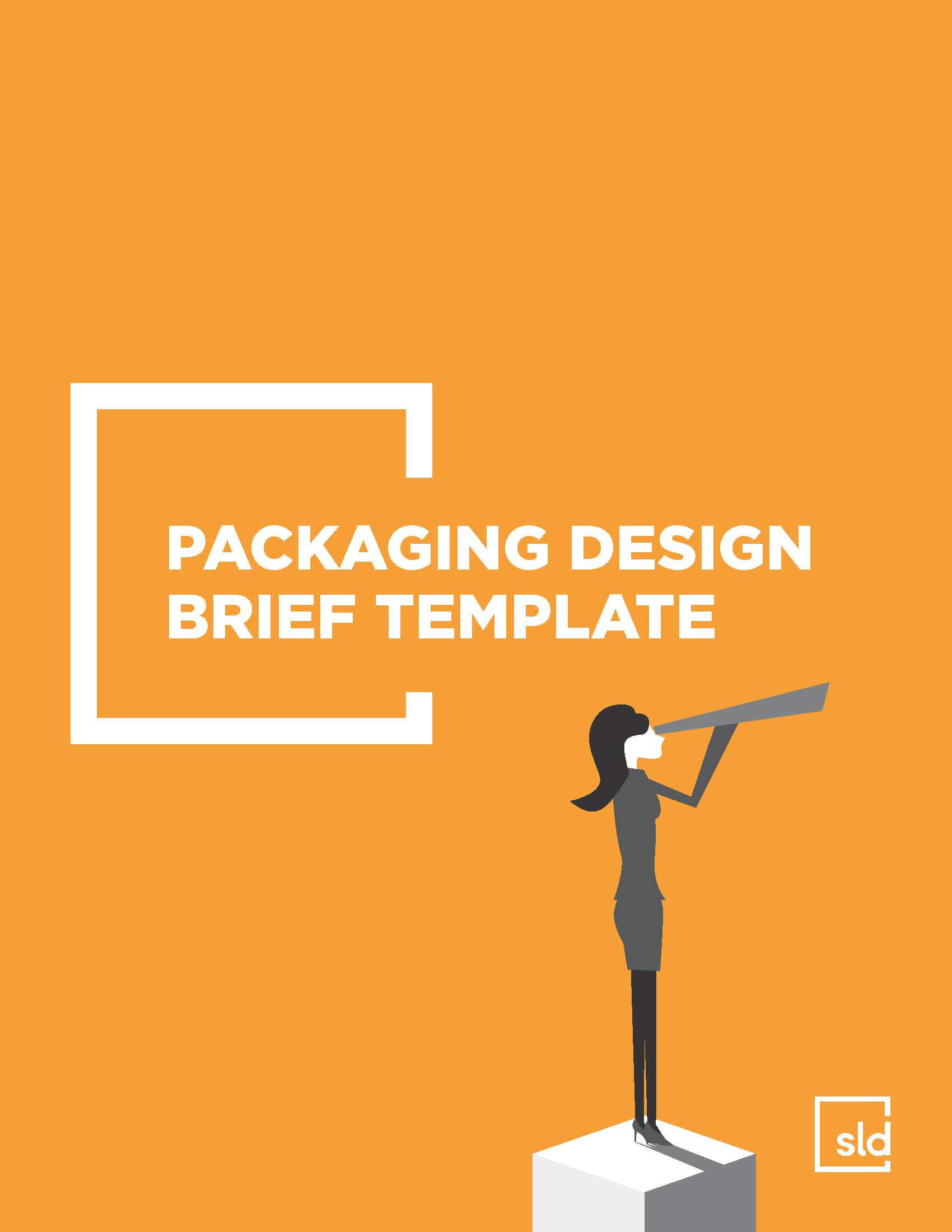 A graphic design template with an illustration of a person holding a megaphone, set against an orange background with the text "PACKAGING DESIGN…