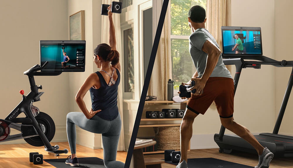 Two people exercising on home gym equipment, one on treadmill and other on elliptical machine.