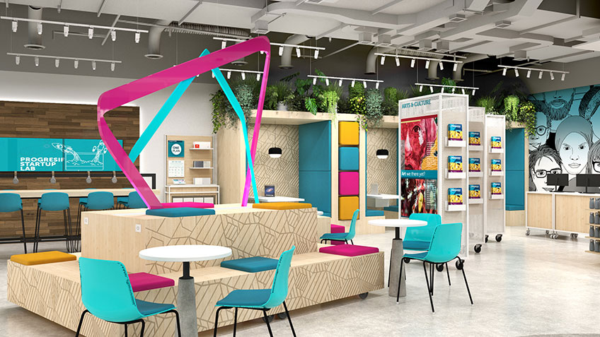 An image of a modern, open-concept office space with a contemporary design featuring bright colors, comfortable furniture, and a variety of…