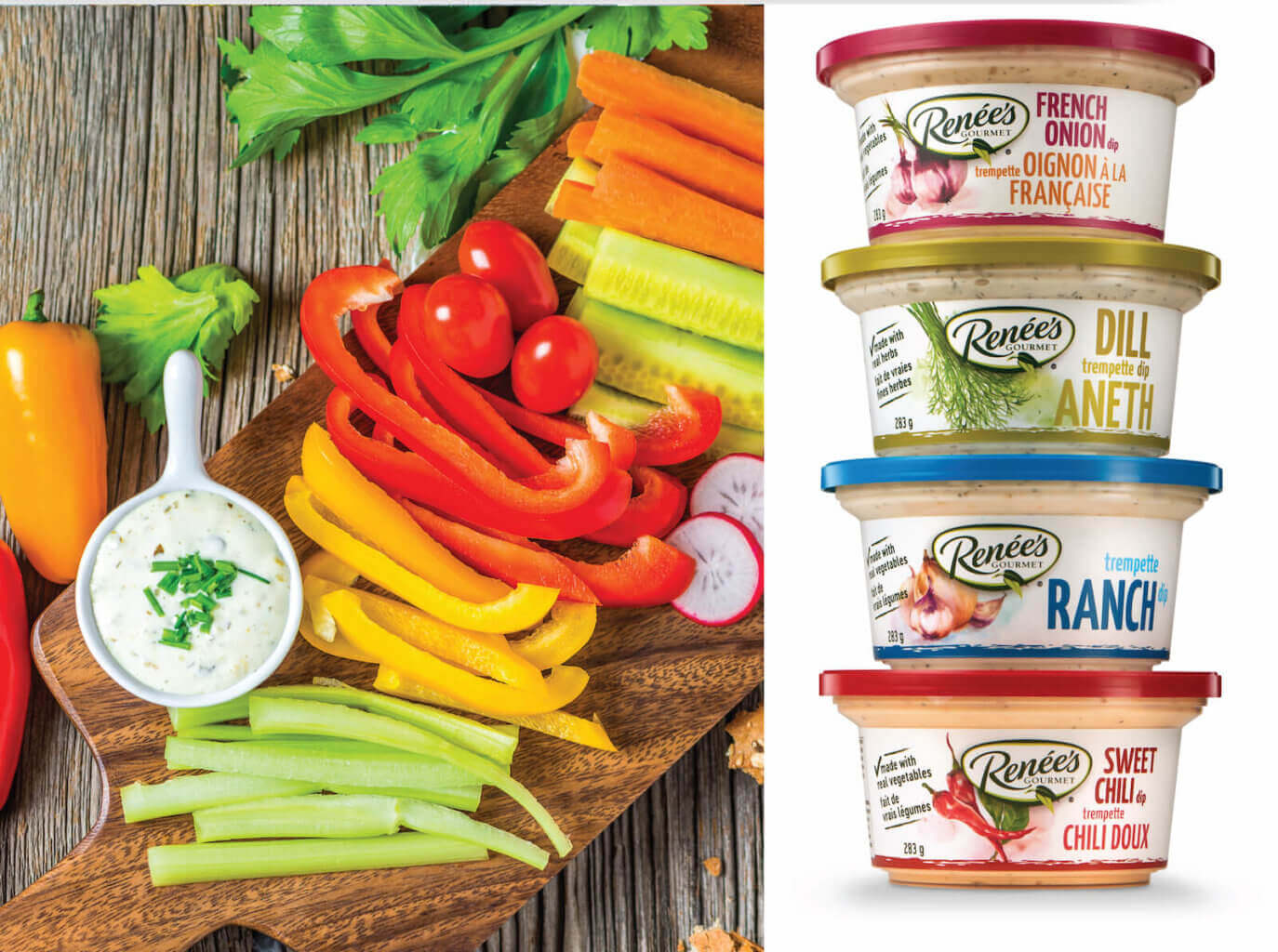Two photos side by side: one showing a wooden cutting board with fresh vegetables, the other displaying four containers of Ranch dressing.