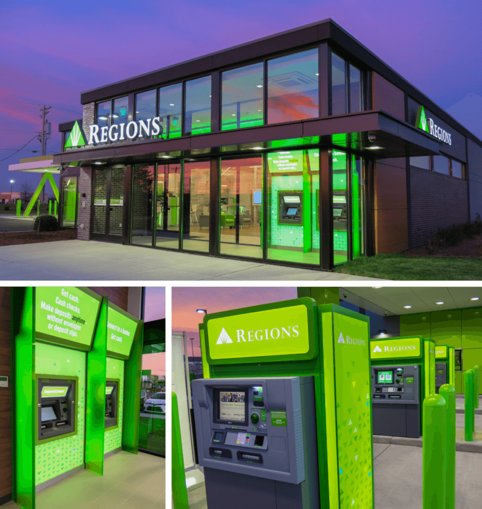 A modern bank branch with green exterior, featuring an ATM and a drive-up window.