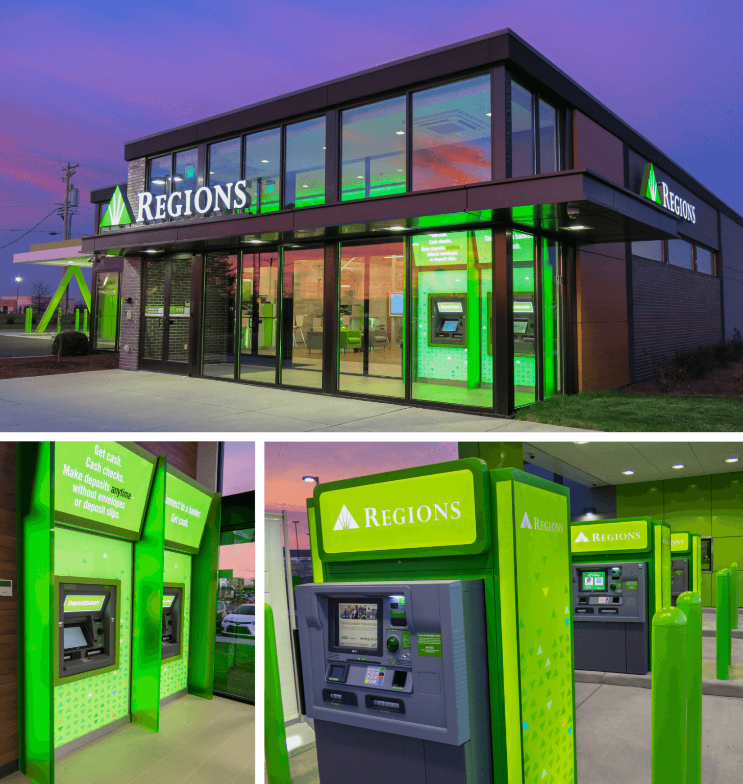 A modern bank branch with green exterior, featuring an ATM and a drive-up window.