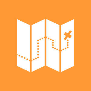 An orange map icon with a white cross, indicating a location or destination.