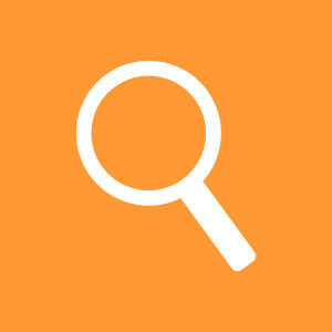An icon of a magnifying glass on a solid orange background.