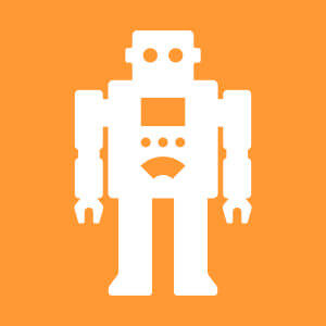 An orange icon featuring a stylized robot character.