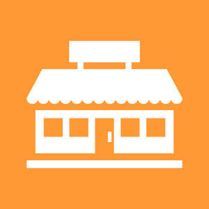 An iconic representation of a storefront, featuring a shop sign above the entrance, a small building with a door on the right side, and a roof…
