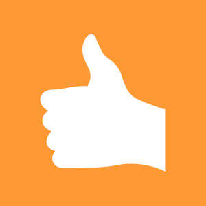 A white thumbs up icon on an orange background