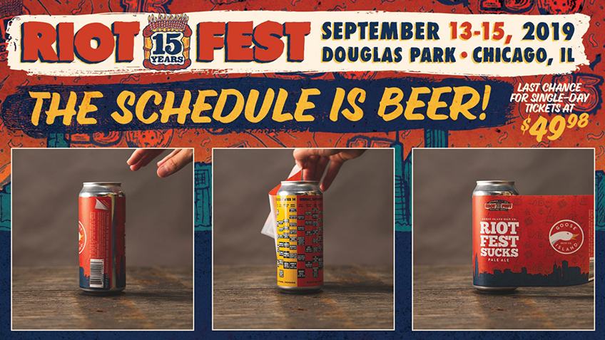 An advertisement for Riot Fest, a music festival scheduled to take place in Chicago on September 13th and 14th. The ad features a collage of…