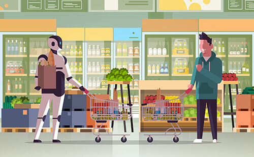 Two people shopping in a grocery store, one pushing a cart filled with fruits and vegetables.