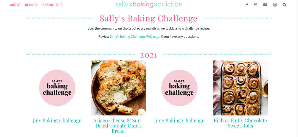 The image displays a screenshot of a webpage featuring a baking challenge with three photos of baked goods, including cinnamon rolls, pizza, and…