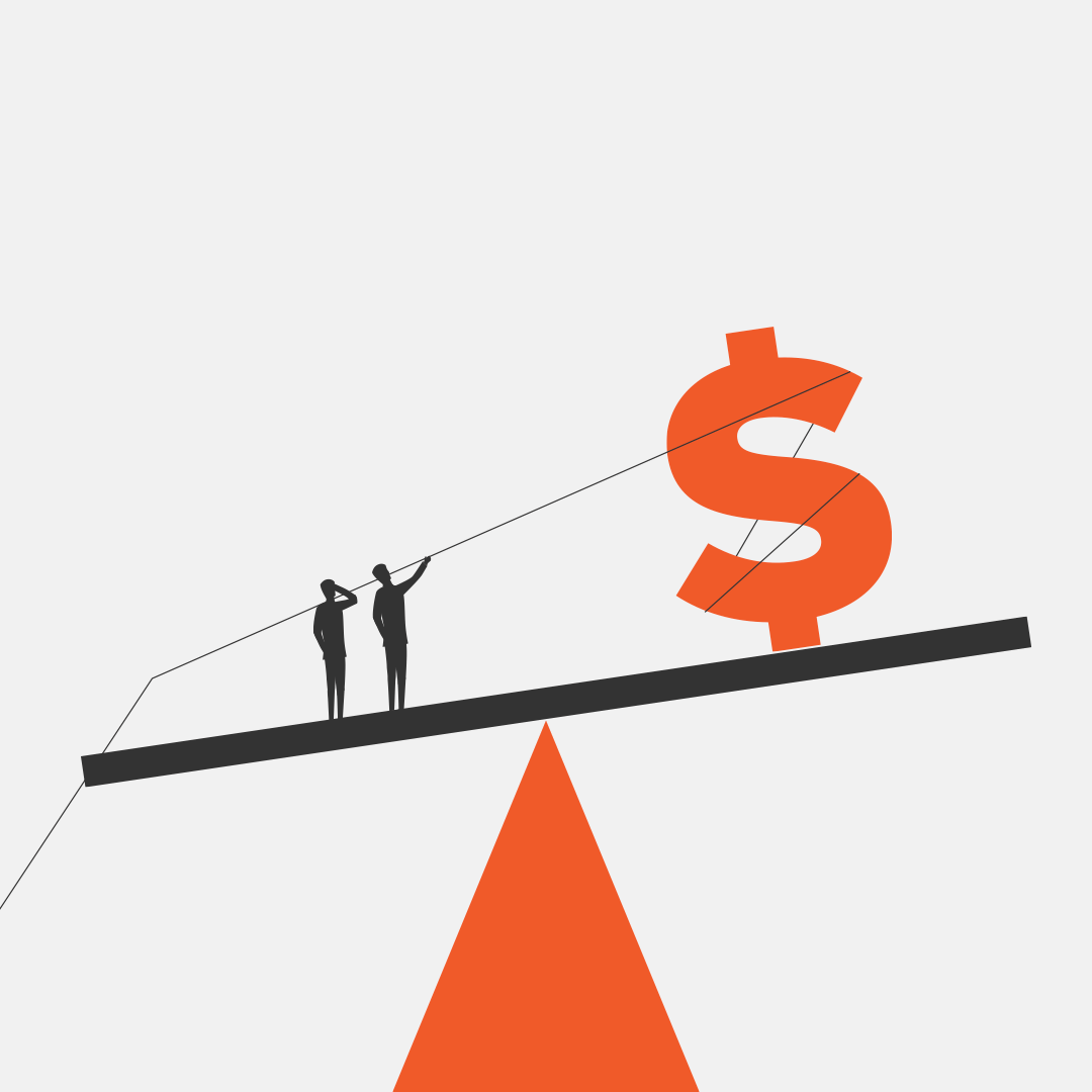 Two people standing on a tightrope balance scale, one holding a dollar sign.