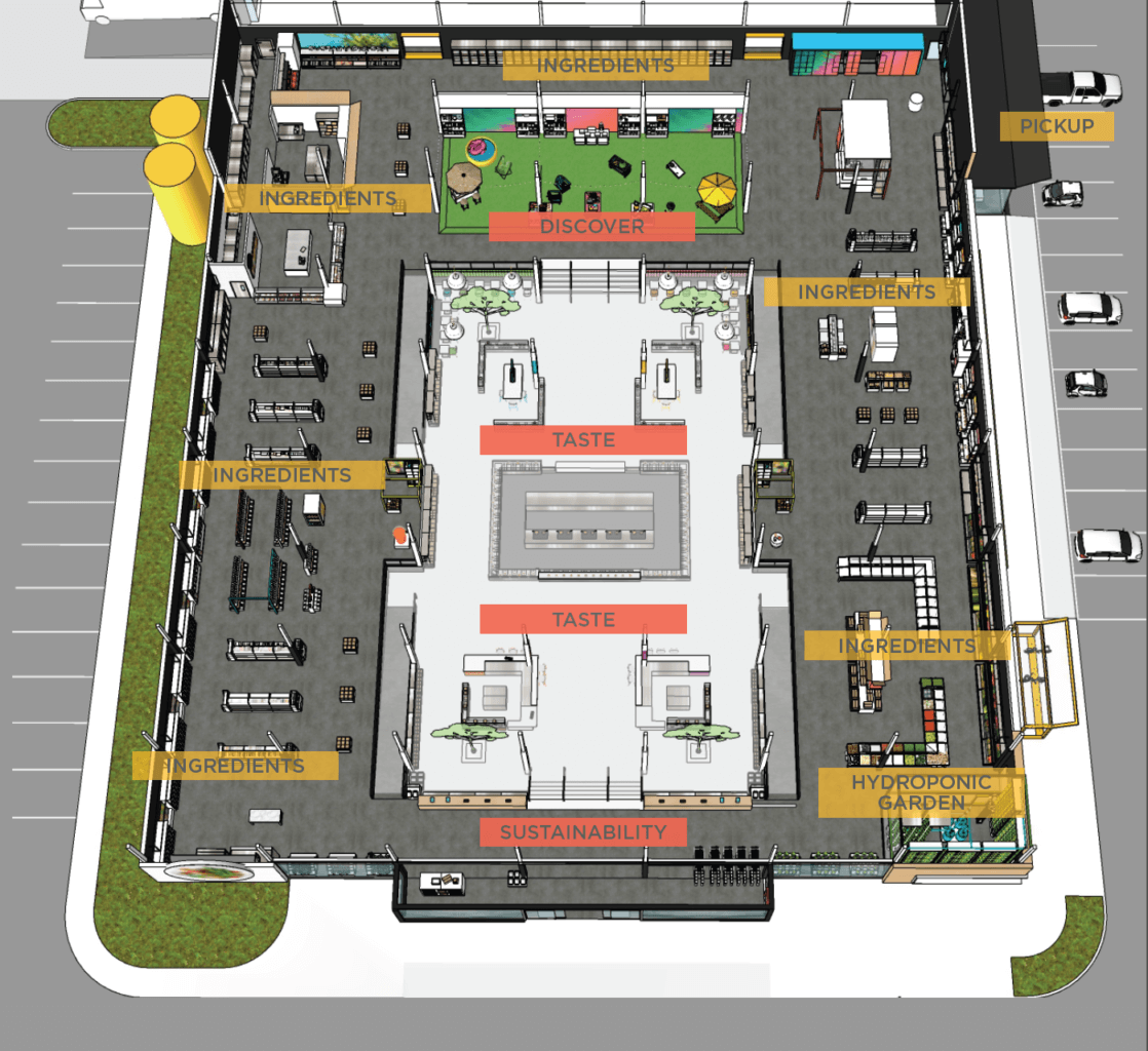 A colorful floor plan of a building, showing various rooms and their purposes, such as offices, kitchens, and storage areas.