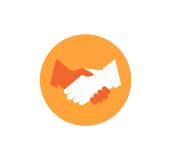 An icon with two hands shaking over a circular symbol, suggesting agreement or partnership.
