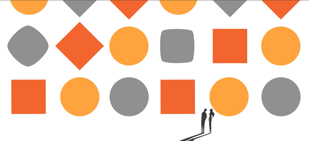 An abstract design with geometric shapes, including circles and squares, in shades of red and gray, with a person standing in the center.