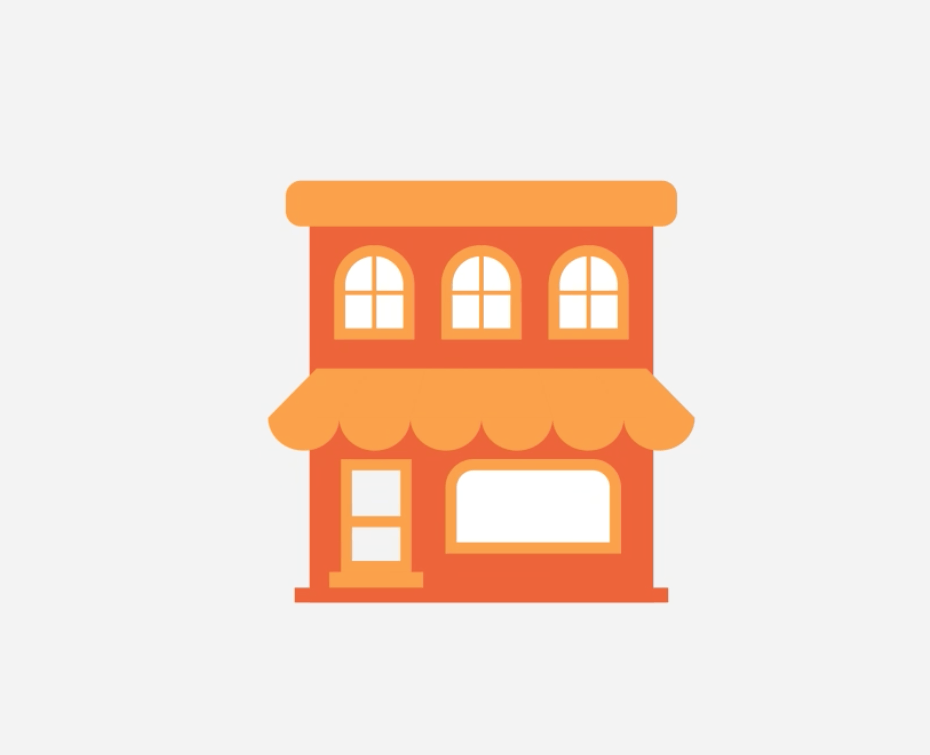 An orange cartoon building representing a storefront.