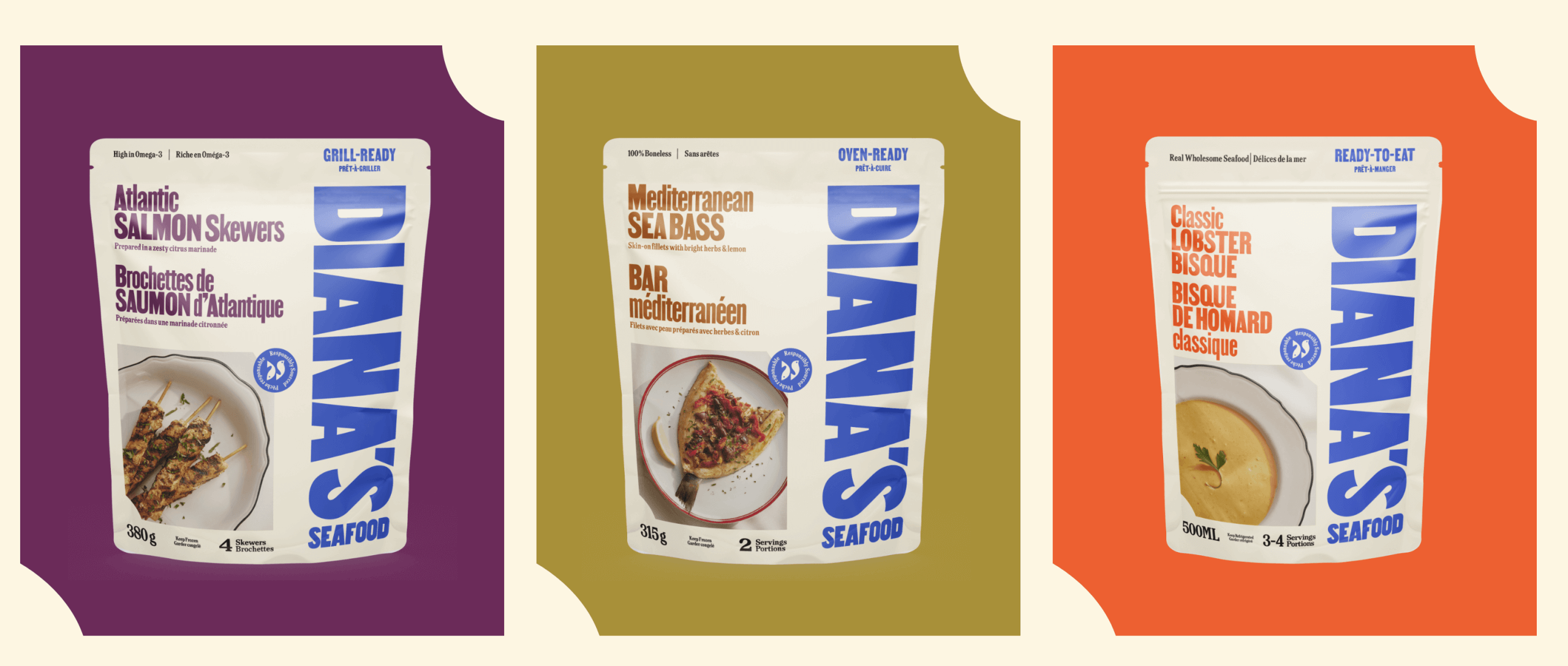 Four different food items, each in its own packaging, displayed side by side against a purple background.