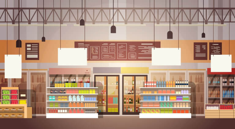 A colorful, well-stocked grocery store interior with a variety of products on shelves.