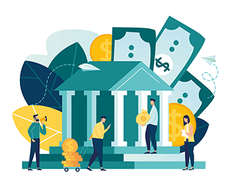 A colorful illustration depicting people standing in front of a building, which appears to be a bank or financial institution, surrounded by…