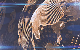 A globe in the background, overlaid by a blue light effect and various symbols and icons that resemble computer code or…
