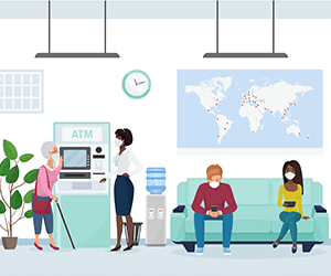 A colorful illustration of a modern bank lobby, with people waiting in line at an ATM, a man sitting on a couch, and various elements of banking…