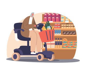 An illustration of a man in a wheelchair shopping at a grocery store, surrounded by various items on shelves.