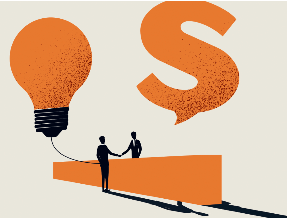 Illustration depicting a person standing next to a light bulb, with the word "SOLUTION" in large letters above them.