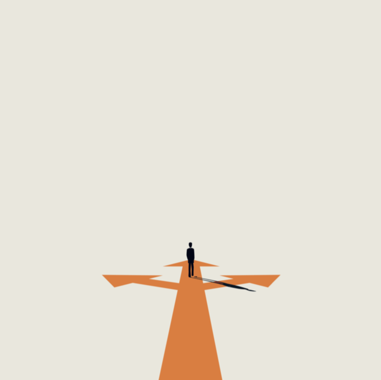 An orange silhouette of a person standing on an arrow-shaped platform against a white background.