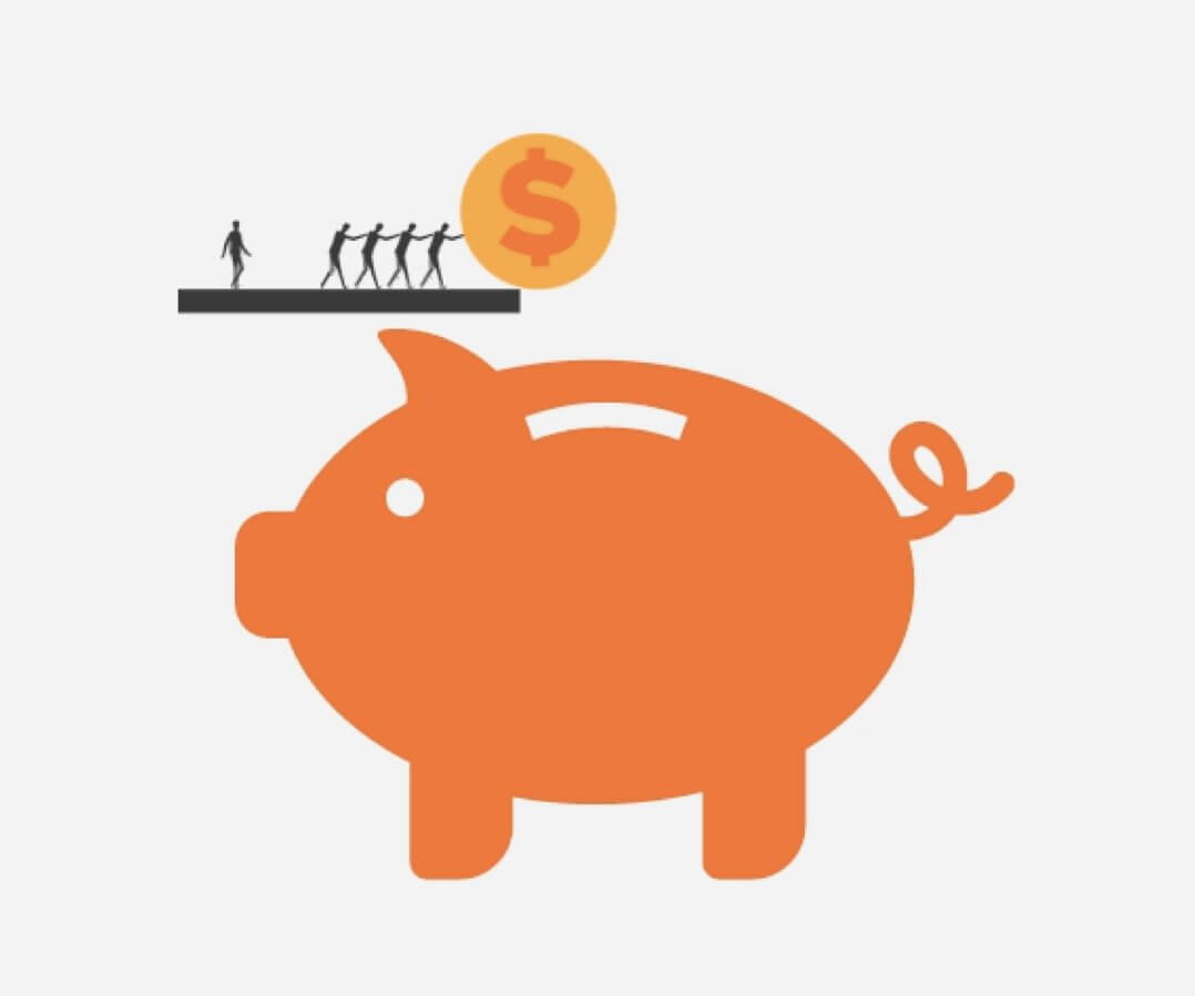 A piggy bank with a person standing on top, holding a dollar sign, and a couple walking away from the piggy bank
