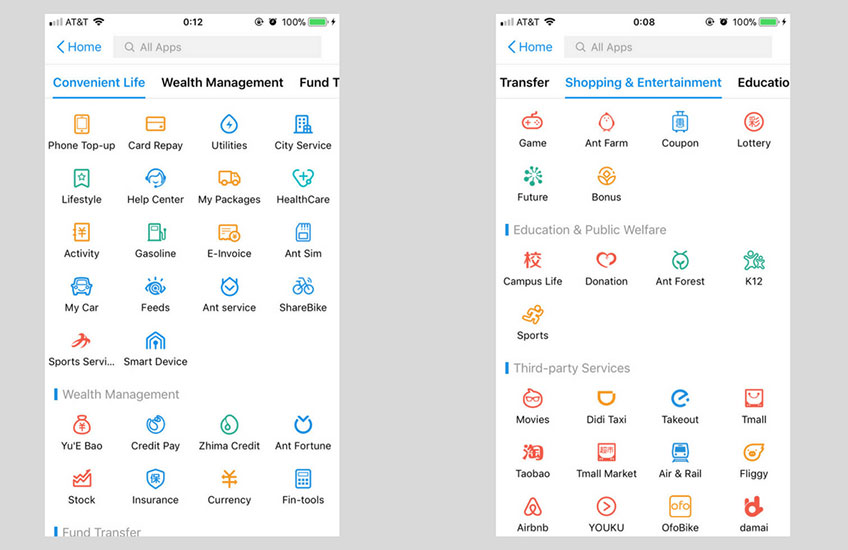 The image displays two screenshots of a smartphone interface, showcasing an app with various icons representing different services such as wealth…
