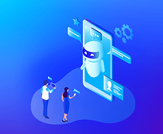 An illustration of a futuristic scene where people are interacting with a virtual assistant on a smartphone. The assistant appears as a 3D…