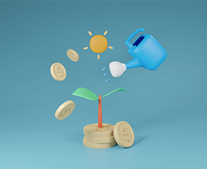 A cartoon illustration featuring a plant growing from a pot, with coins falling into it, a watering can pouring water on the plant, and a sun…