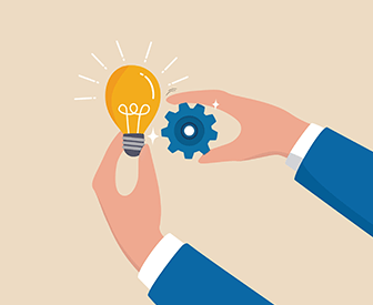 An illustration of a hand holding an idea lightbulb over a gear, symbolizing innovation and mechanics.