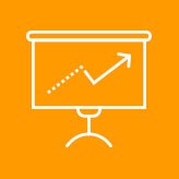 An icon of a presentation screen with a graph on it, indicating growth or progress, set against a white background.