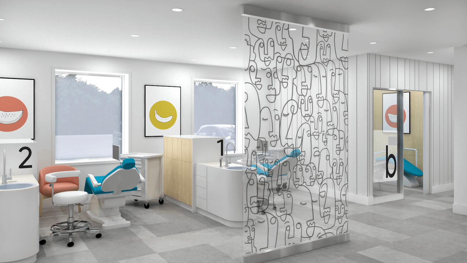 A modern dental office interior with various equipment and furniture.